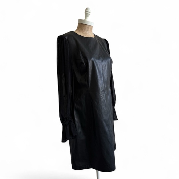 Calvin Klein Women’s Black Chiffon Sleeve Faux Leather Sheath Dress Size 12 NEW - Picture 6 of 9